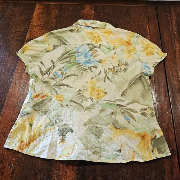 Caribbean Joe Women's XL Cotton Butter Yellow Tropical Print Swiss Dot Blouse - Picture 7 of 7